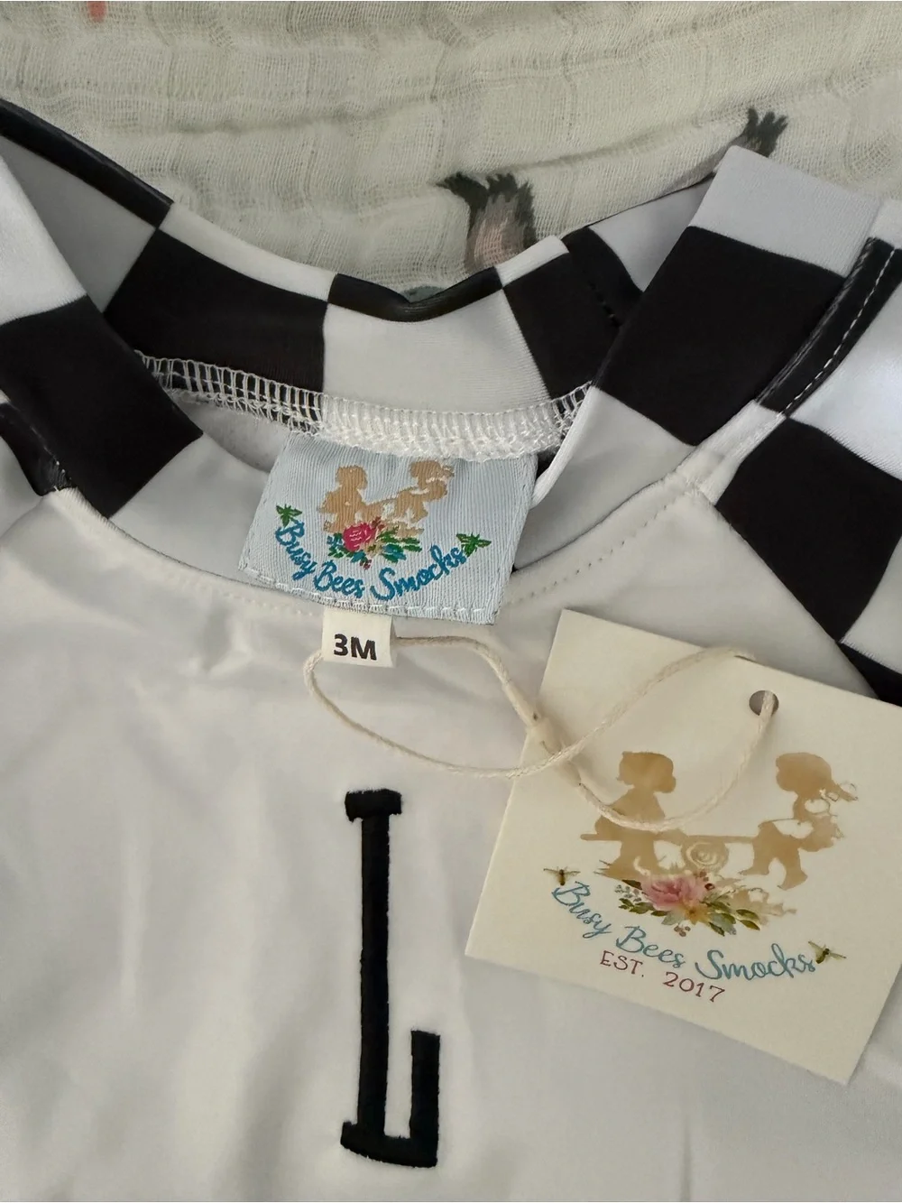 Kids Black & White Checkered Rashguard Set with Monogram - Baby Bee Smocked